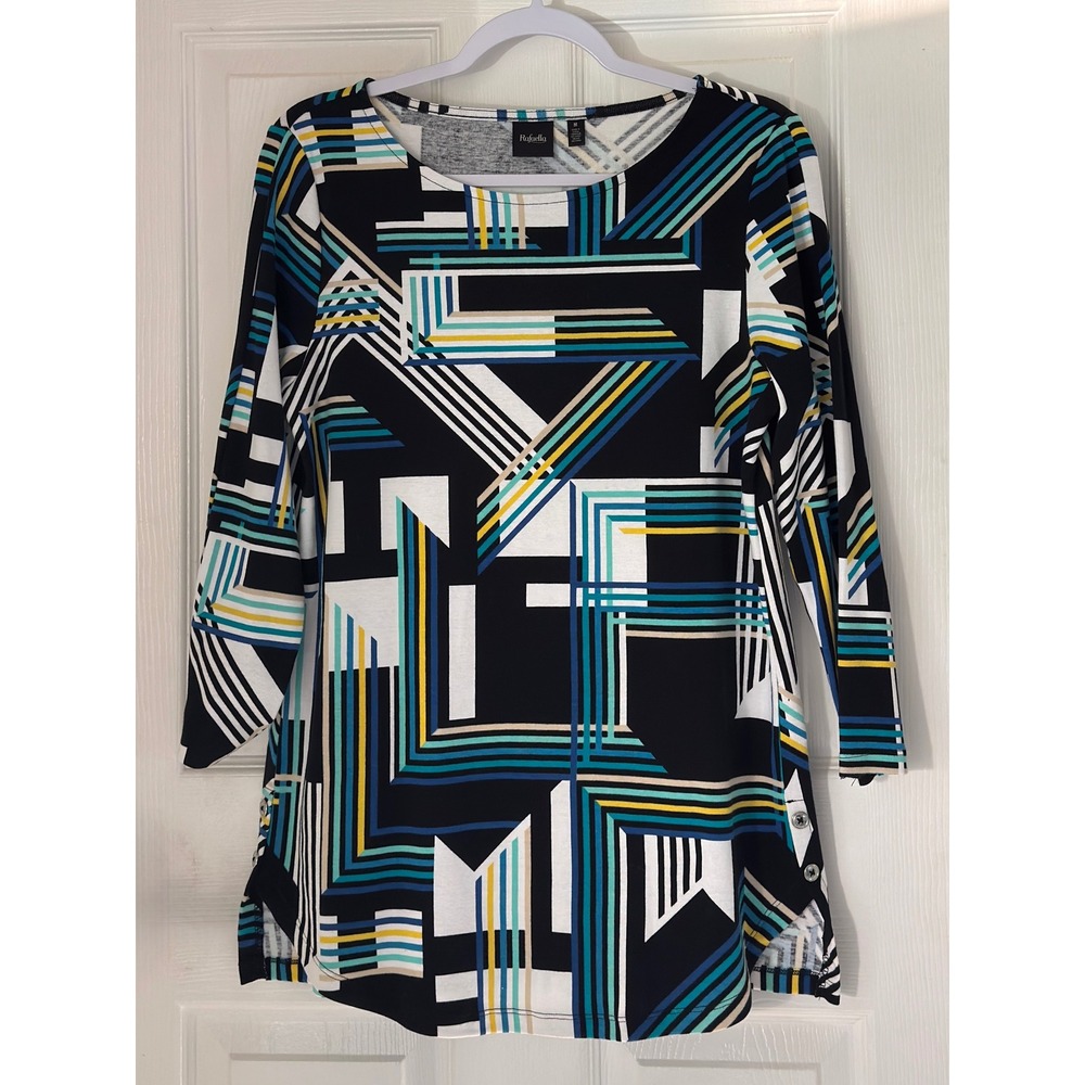 Rafaella Top Women Medium Black Geometric Print Button Detail EUC